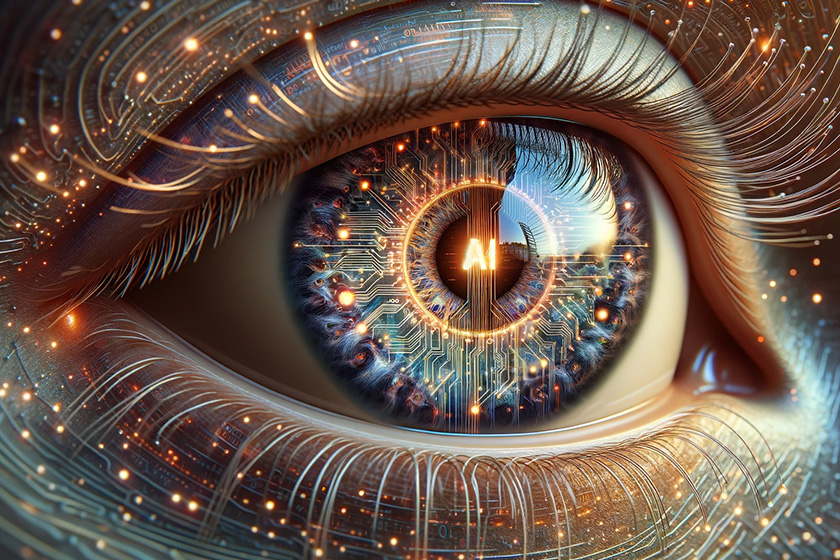 Vygenerovaný obrázok AI ChatGPT4 DALL-E promt: obrázok na ktorom je reálne ľudské oko a v zreničke je umela inteligencia