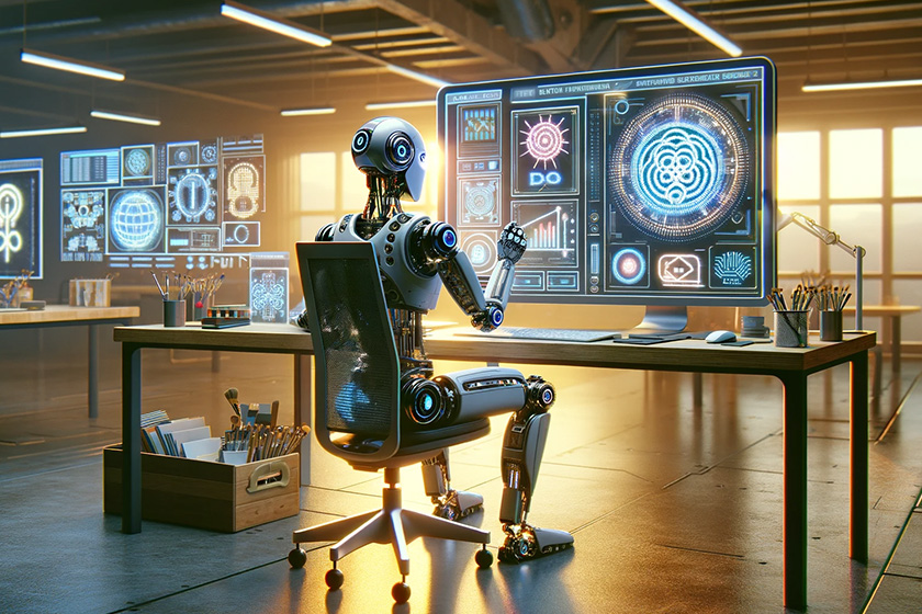 Vygenerovaný obrázok AI ChatGPT4 DALL-E promt: landscape obrázok k téme umelá inteligencia kde robot vymýšľa nové logo