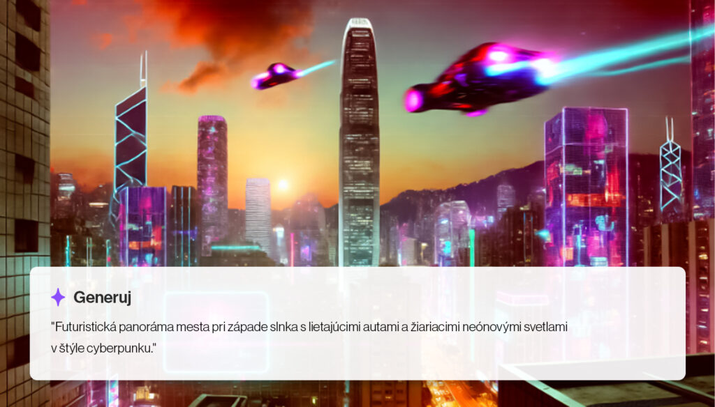 futuristická panoráma - ukážka vygenerovaného obrázku cez AI nástroj DALL-E 3 