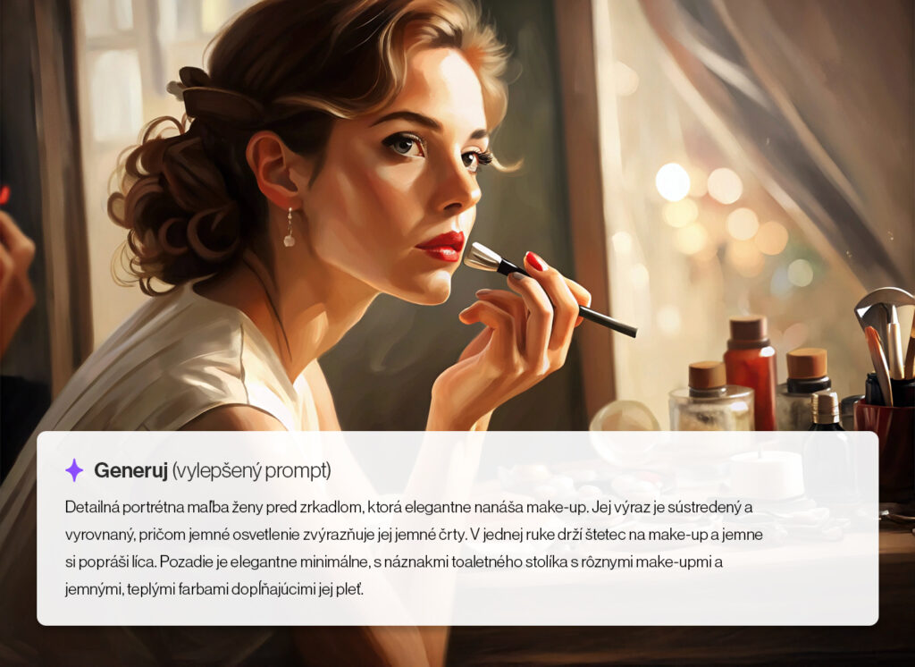 žena, ktorá sa líči - ukážka vygenerovaného obrázku cez AI nástroj Recraft